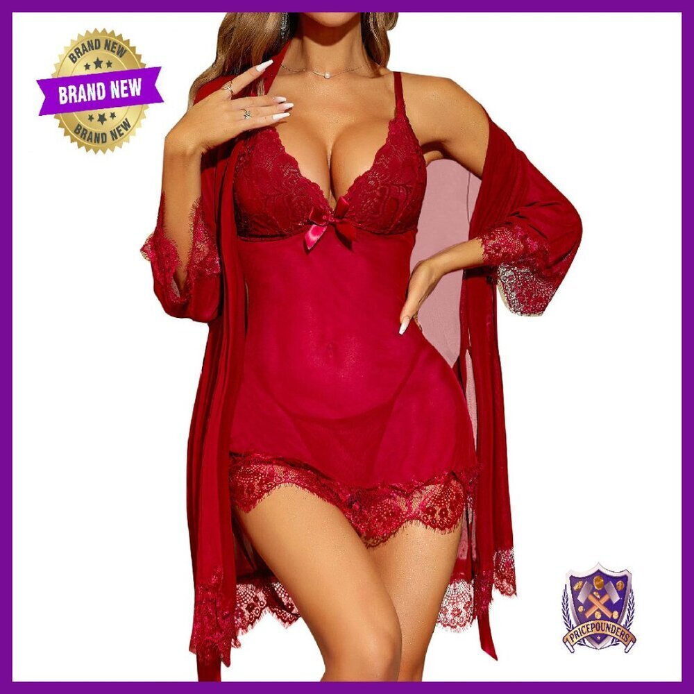 Sexy 3-Piece Lingerie Set Babydoll Mesh Robe Thong Sleepwear